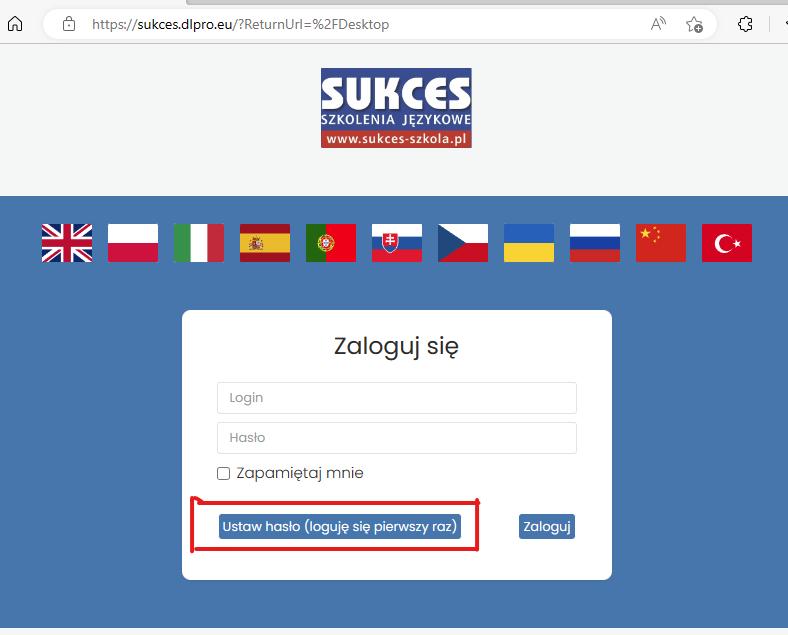 Ekran logowania z zaznaczonym przyciskiem Ustaw hasło — loguję się pierwszy raz