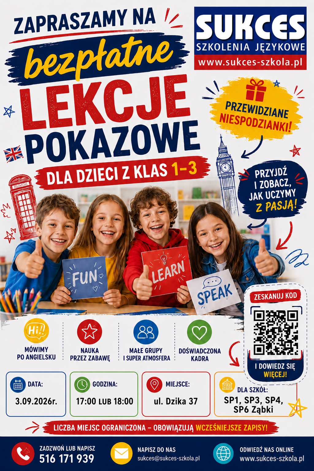 Ulotka SUKCES: bezpłatne lekcje pokazowe dla dzieci z klas 1–3, 3 września 2026 roku o 17:00 lub 18:00 przy ulicy Dzikiej 37 w Ząbkach